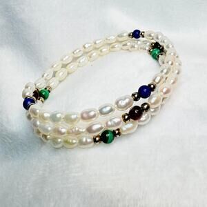 Freshwater Pearl Bracelet with Lapis, Malachite & Garnet Gemstone Accents